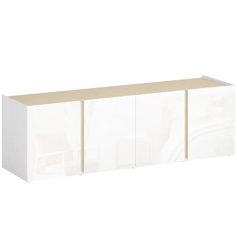 HOMCOM Comodă TV, banc TV cu 4 uși cu închidere amortizată, etajeră reglabilă și orificii pentru cabluri, 135 x 38 x 45 cm, alb