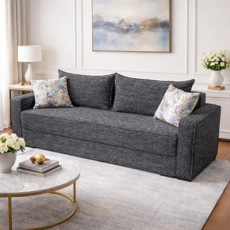 Canapea LARISA extensibila, 3 locuri, lada de depozitare, stofa gri inchis, 220x95x85 Stofa, Gri Inchis
