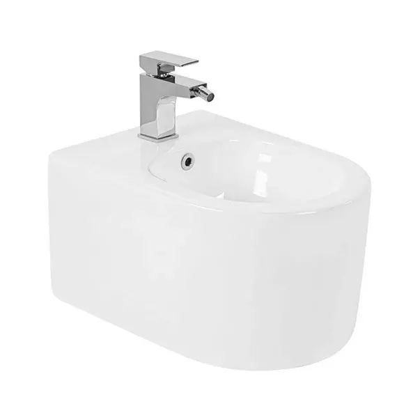 Bideu suspendat compact Fluminia Roco, fixare ascunsa, orificiu baterie, portelan, alb