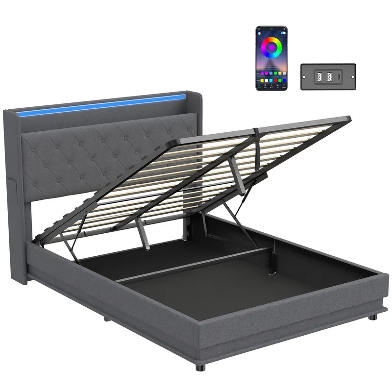 HOMCOM Pat cu depozitare 140x190cm iluminare LED și stație de încărcare cadru pat dublu tapițat in depozitare hidraulică gri