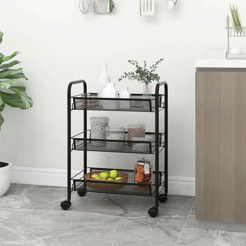 carucior de bucatarie, 3 niveluri, negru, 46x26x64 cm, fier