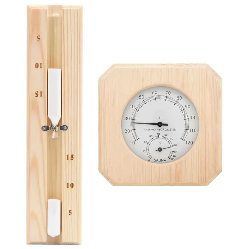 set 2 in 1 higrotermograf si clepsidra de sauna, lemn masiv pin