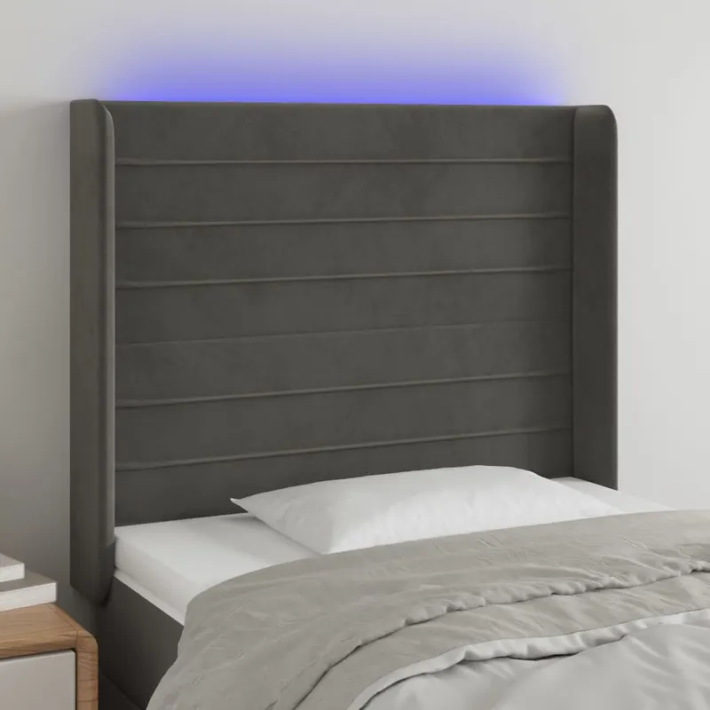 tablie de pat cu led, gri inchis, 93x16x118/128 cm, catifea