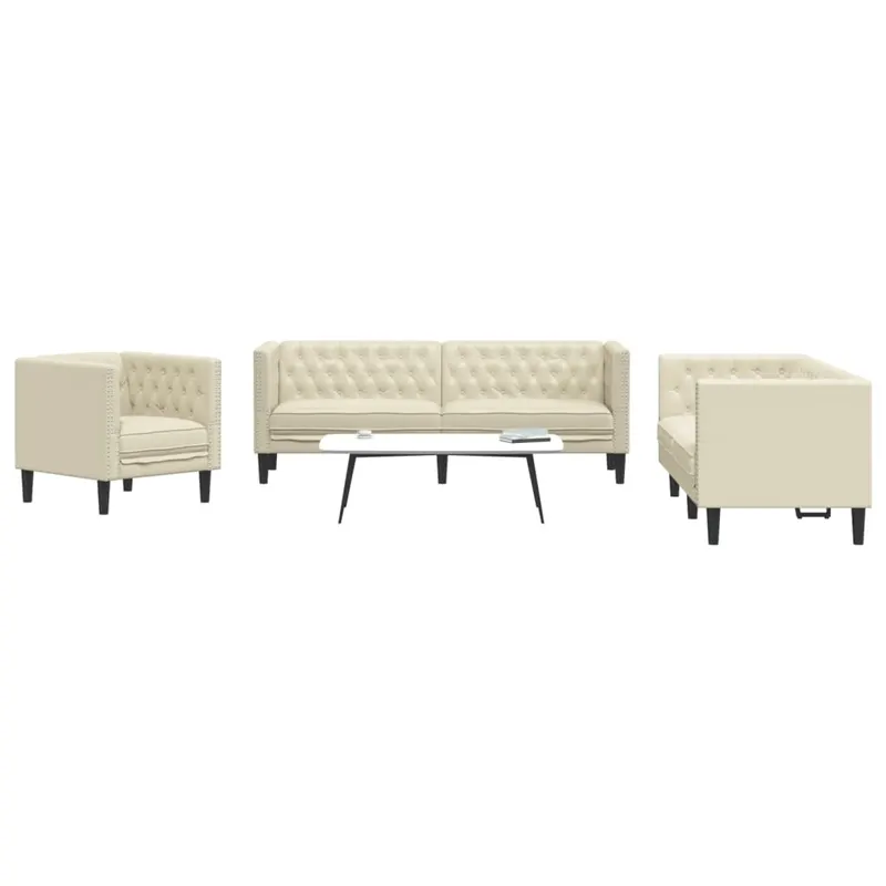 set canapele chesterfield cu 3 locuri, crem, piele eco.