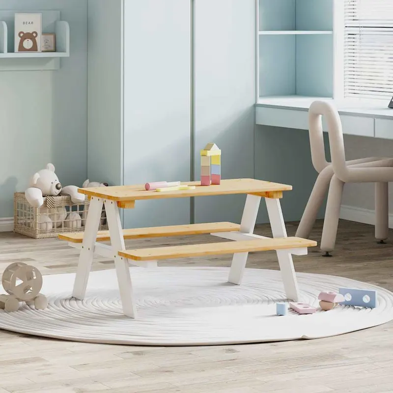 masa pentru copii cu banci irun alb 90x79,5x50cm lemn masiv