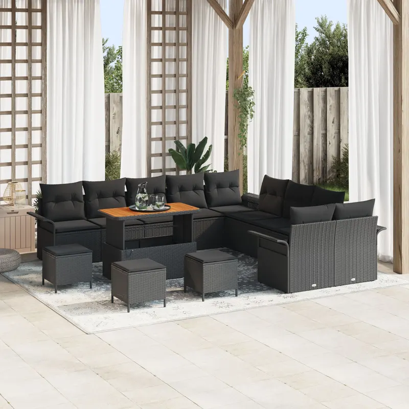 Set de sofa cu 13 piese si perne negre din ratan polimer acacia, sofa de gradina cu 2 locuri si perne negre din ratan polimer, set de dining gradina cu 3 piese si perne negre din ratan polimer acacia