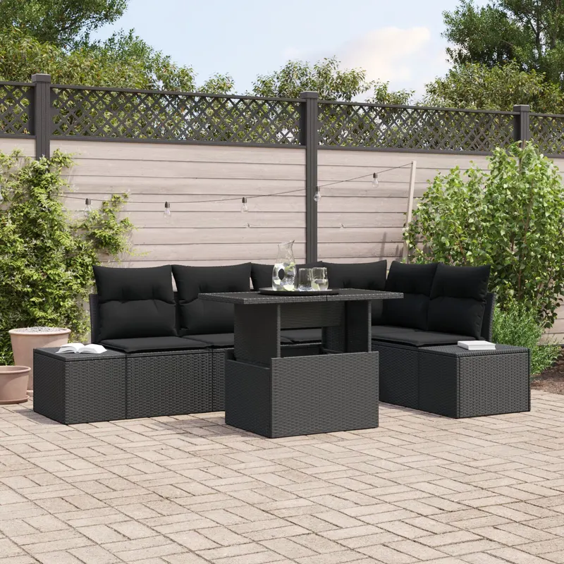 set de sofa de gradina din 6 piese cu perne poliratan negru