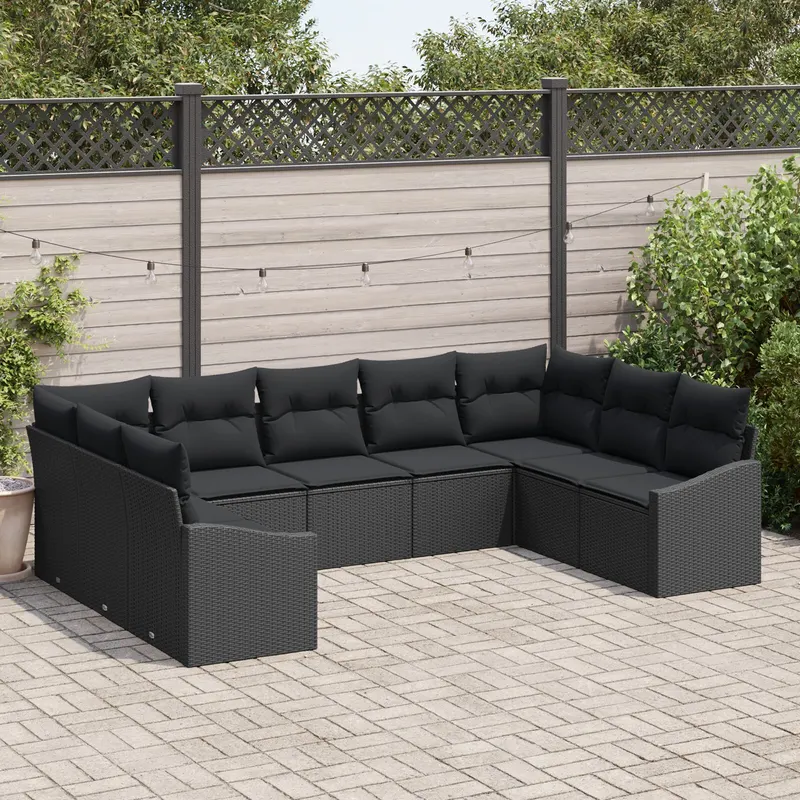 set de dining pentru gradina 9 piese cu perne rattan negru