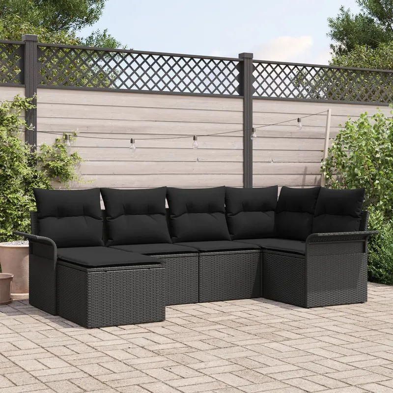 set de canapea de gradina cu 6 piese si perne din ratan sintetic negru, canapea de gradina cu doua locuri cu depozitare si perne din ratan sintetic negru