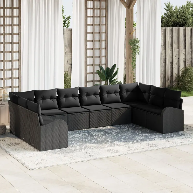 set de canapea pentru gradina cu 10 piese si perne, negru, din poli ratan