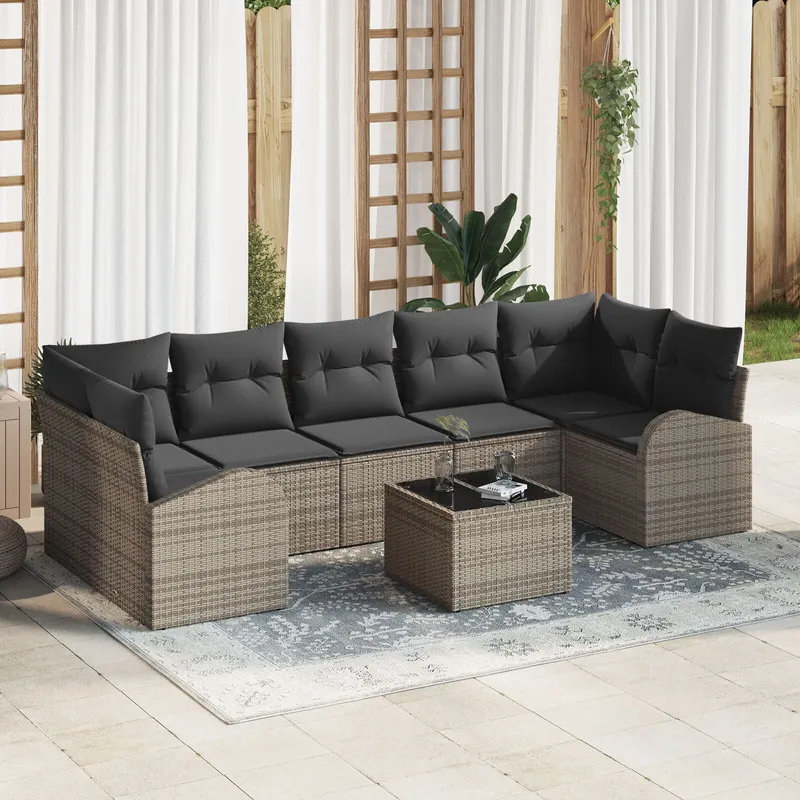 Set de sofa de gradina din 8 piese cu perne ratan poli gri, sofa de gradina cu doua locuri cu spatiu de depozitare si perne ratan poli gri