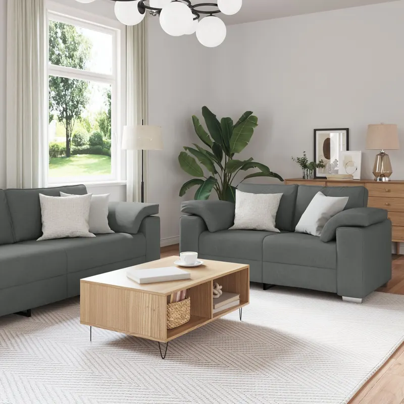 set canapea, 2 piese, perne gri inchis, textil