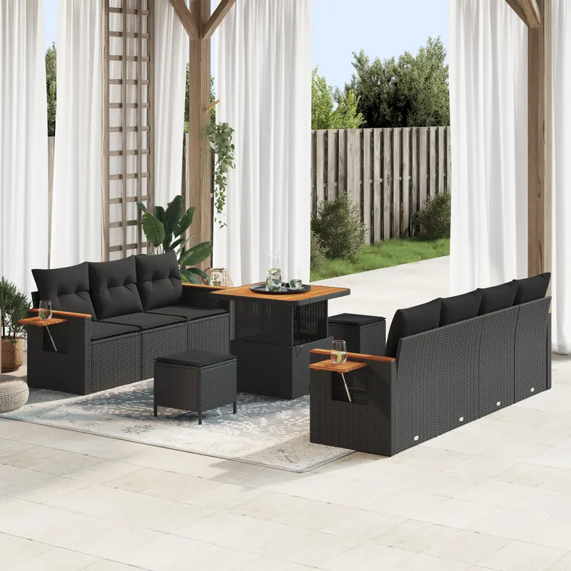 Set de sofa pentru gradina 10 piese cu perne negre ratan poli acacia, set de mese pentru gradina 3 piese cu perne negre ratan poli acacia