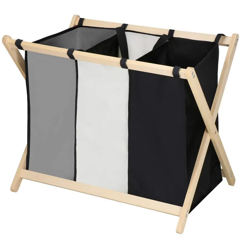 Cos rufe 3 compartimente cadru lemn 105 litri, 67x43x55 cm, organizare, alb