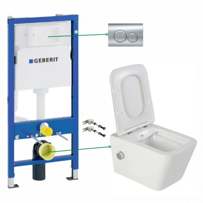 Set vas wc suspendat cu functie bideu si baterie crom Safari, rezervor incastrat si clapeta crom lucios, Geberit Delta