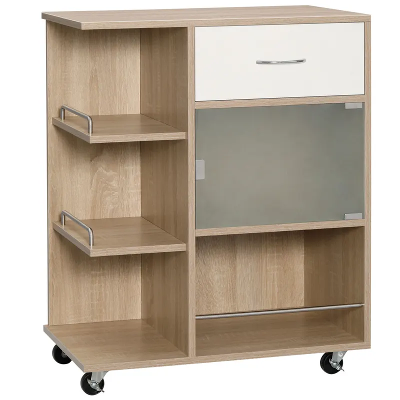 HOMCOM Cărucior Bucătărie Modern 3 Niveluri, Ușă Sticlă, Roți, Rafturi Deschise, Sistem Anti-Cădere, 65x39x80cm, Natural-Alb