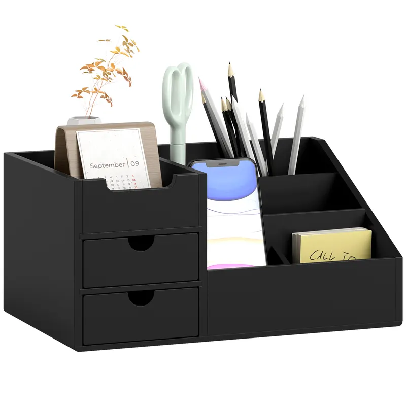 HOMCOM Cutie de Depozitare de Birou - Organizator de Birou - 7 Compartimente, 2 sertare - Bambus Lacuit Negru