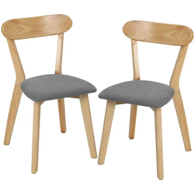 HOMCOM Set de 2 scaune de dining, scaune pentru bucătărie, șezut tapițat aspect in, spătar curbat, gri și lemn natural