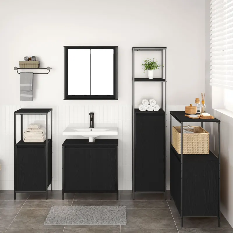 Set de mobila pentru baie 5 piese din lemn de stejar negru