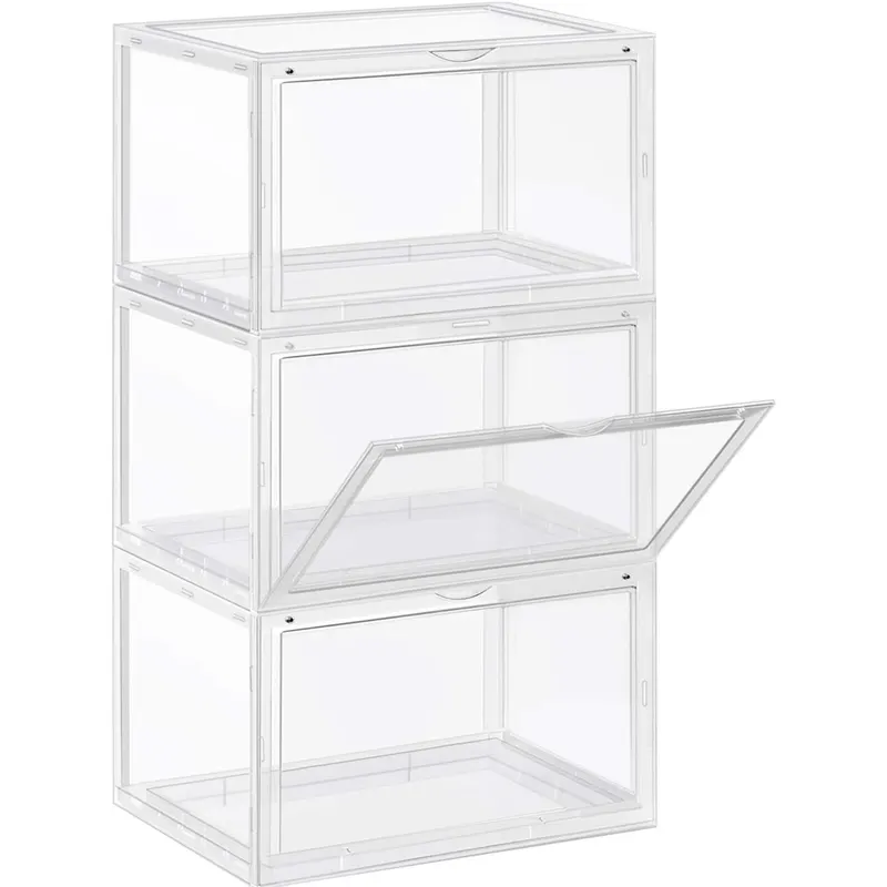 Organizatoare pantofi, transparente cu usa frontala, stivuibile, PVC, 3 cutii x 36x28x22 cm, transparent