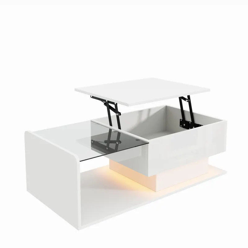 Masă de cafea cu înălțime reglabilă, cu sticlă și bandă LED, 100x50x33/47,5 cm, Alb