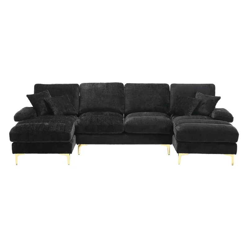 Canapea modulară mare, modernă, în formă de U, din chenille, cu dublu șezlong rabatabil, Negru