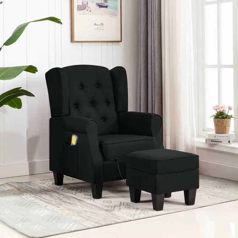 fotoliu de masaj cu taburet, negru, material textil