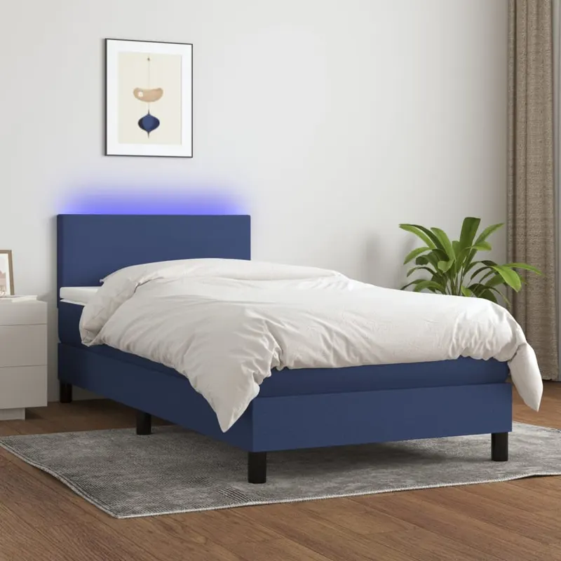 pat cu arcuri, saltea si led, albastru, 120x200 cm, textil