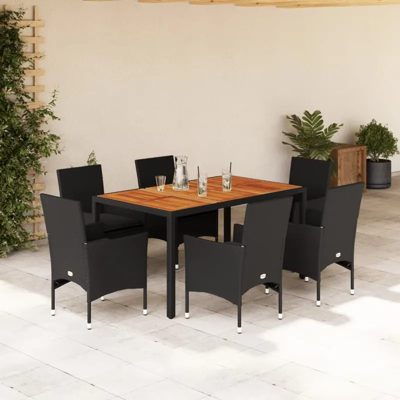 set mobilier gradina perne 7 piese negru poliratan/lemn acacia