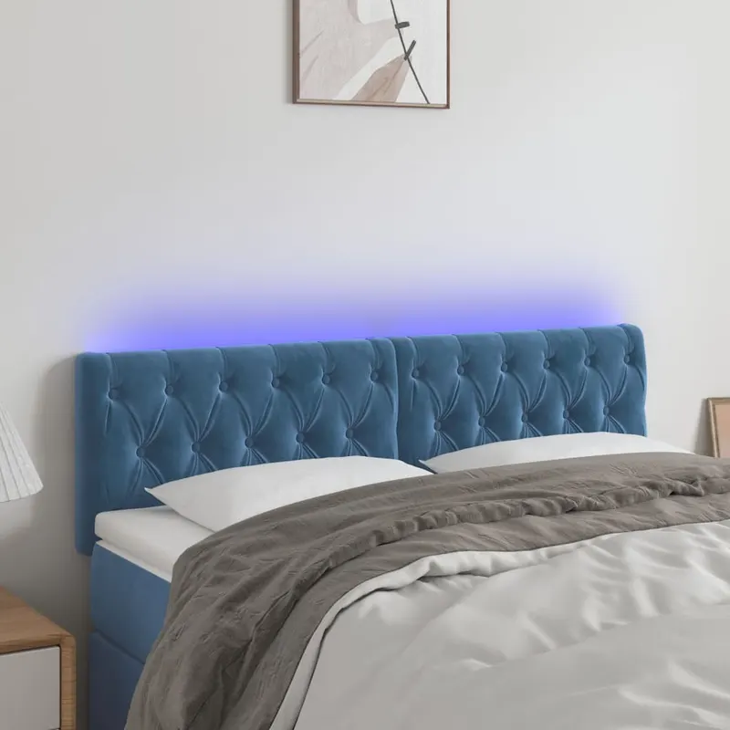 tablie de pat cu led, albastru inchis, 144x7x78/88 cm, catifea