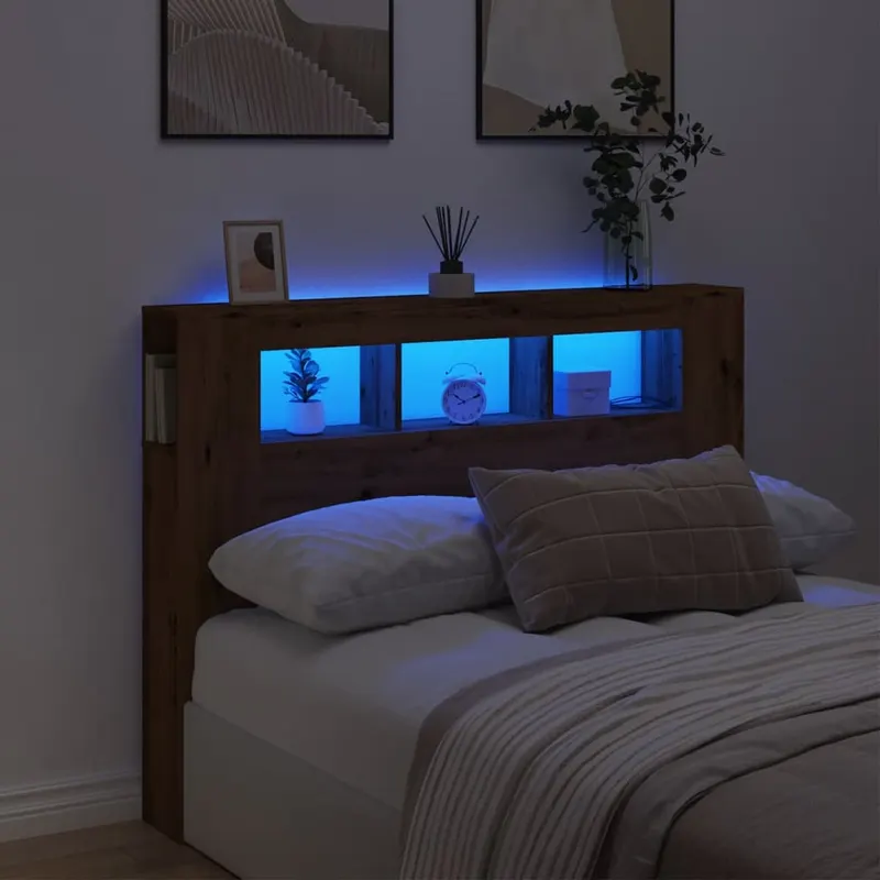 tablie de pat cu led, stejar artizanal, 140x18,5x103,5 cm, lemn