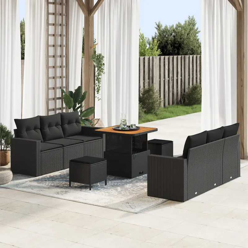 Set canapea pentru gradina cu 9 piese si pernute negre din ratan poliester, set de dining pentru gradina cu 3 piese si pernute negre din ratan poliester