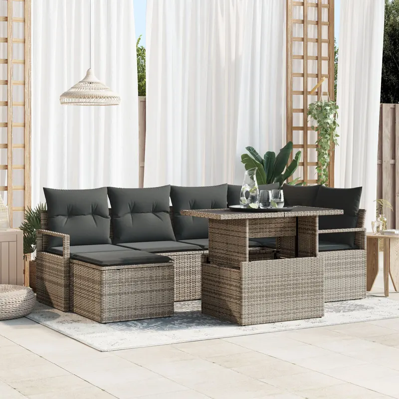 Set de sofa pentru gradina cu 7 piese si perne gri poliratan, sofa de gradina cu 2 locuri cu spatiu de stocare si perne gri poliratan