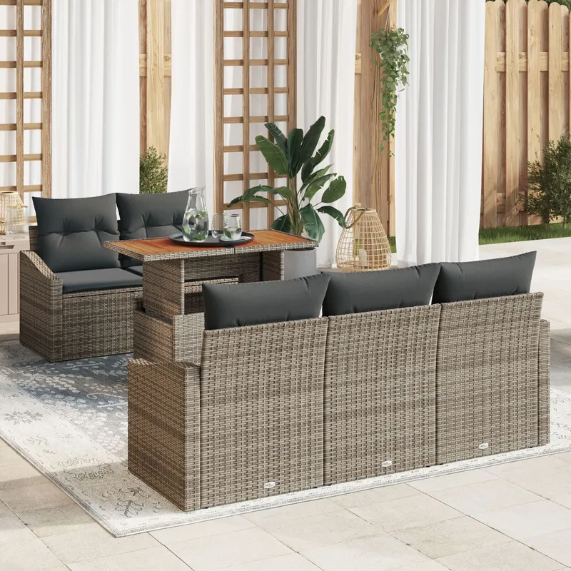 set de sofa gradina cu 6 piese si perne gri ratan plastic