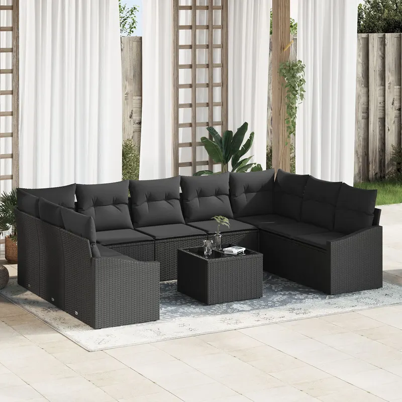 set de dining pentru gradina cu 10 piese si perne bej din poliratan