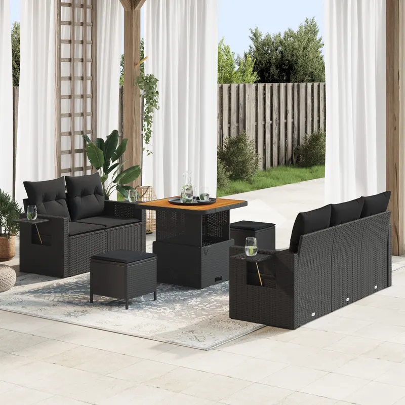 Set canapea gradina cu pernite negru polyratan acacia, set dining pentru gradina cu pernite negru polyratan acacia