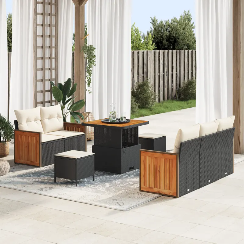 Set de canapea de gradina cu 8 piese cu perne negru poliratan acacia, set de dining de gradina cu 3 piese cu perne negru poliratan acacia