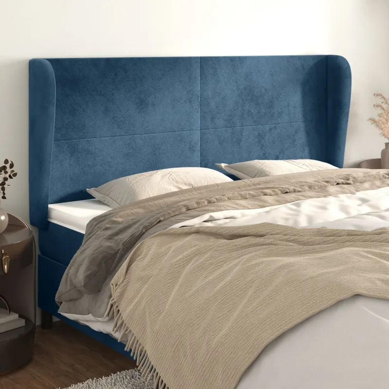 tablie pat cu urechi albastru inchis 163x23x118/128 cm catifea