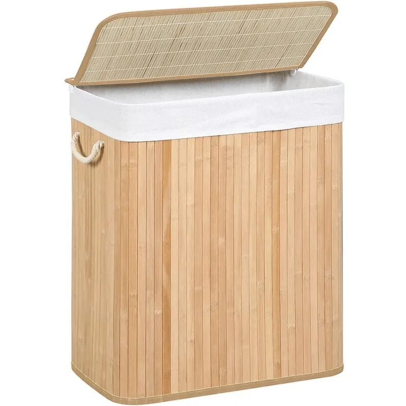 Cos de rufe din bambus cu capac, sac detasabil, volum 100L, 52x32x61 cm, maro