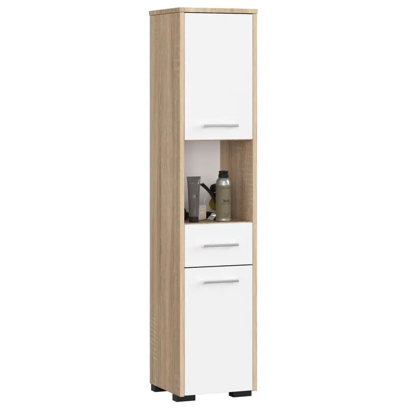 Dulap baie pal tip coloana 2 usi sertar rafturi, 30x30x140 cm, design modern, stejar sonoma alb