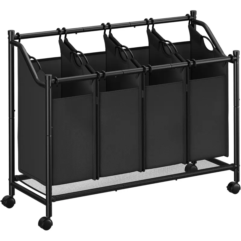 Cos de rufe mobil cu 4 saci detasabili cu manere, 180 litri, cadru metalic, 105x39x81 cm, negru