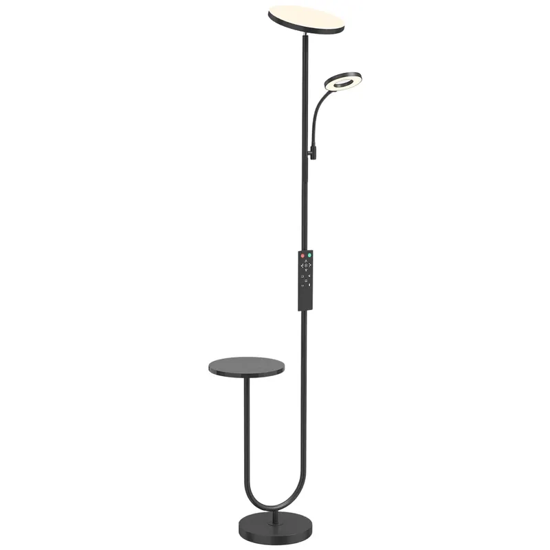 HOMCOM Lampadar LED dimabil 42W 4840LM Lampă de lectură reglabilă și poliță Lampadar de podea pentru living 2700K-6000K Telecomandă Negru