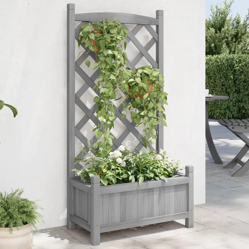 jardiniera cu spalier, gri, lemn masiv de brad