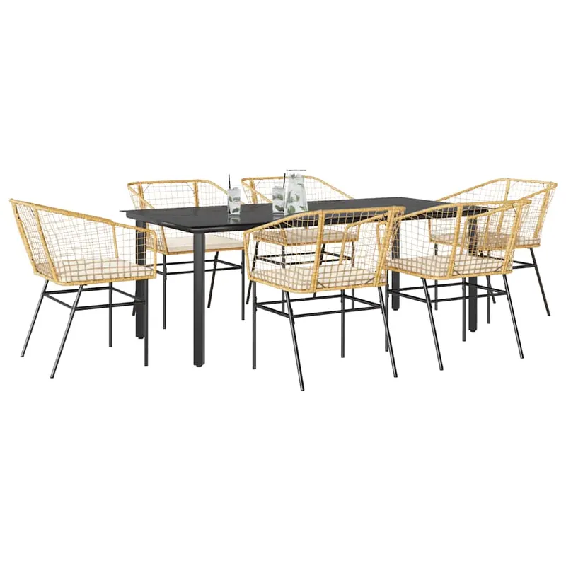 set de sufragerie de gradina de 7 piese sticla poliratan maro