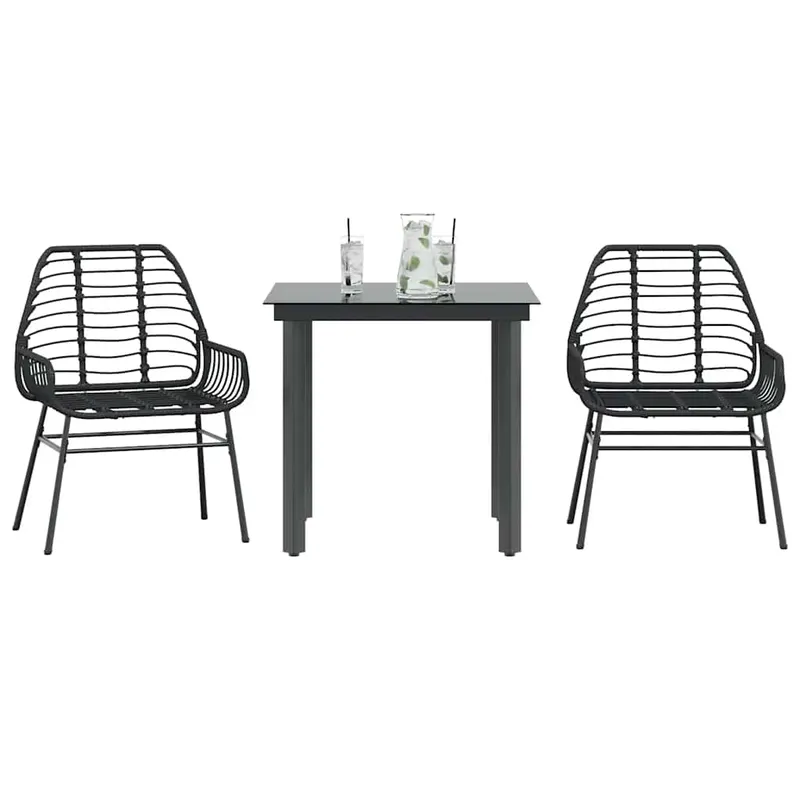 set de sufragerie de gradina 3 piese sticla neagra poli ratan