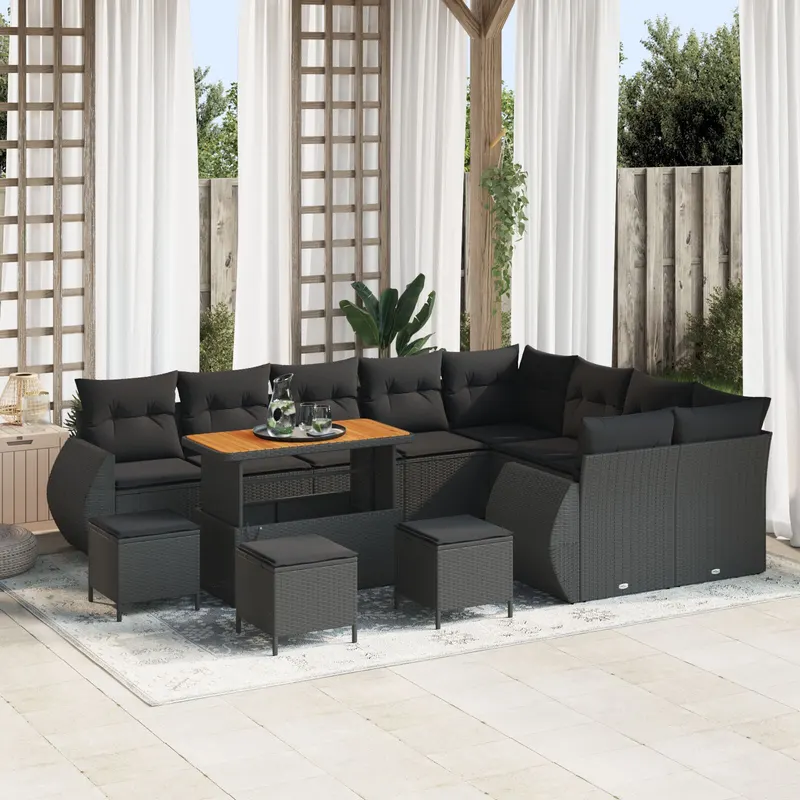 set de sofa pentru gradina cu 12 piese cu pernite negru ratan polimeric acacia, set de dining pentru gradina cu 3 piese cu pernite negru ratan polimeric acacia