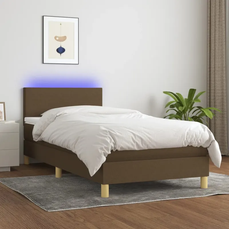 pat cu arcuri, saltea si led, maro inchis, 80x200 cm, textil