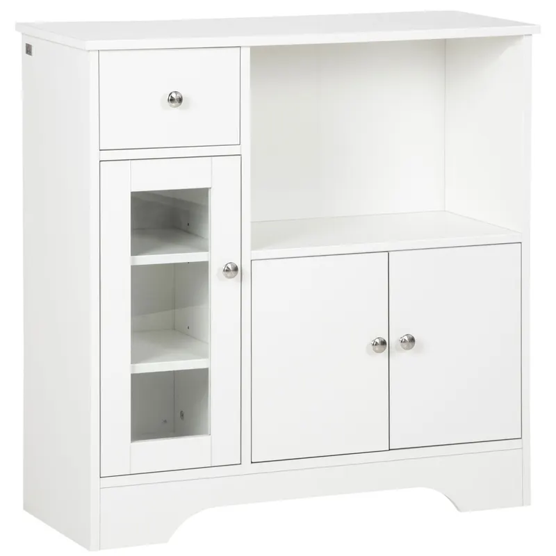 HOMCOM Credență Bufet cu Compartiment Deschis, Sertar, 3 Rafturi și Dulap cu 2 Uși, din Lemn, 80x30x82 cm, Alb