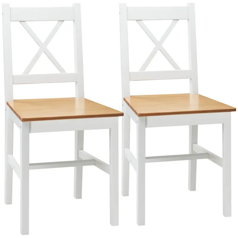 HOMCOM Set de 2 scaune de sufragerie din lemn masiv scaun de bucătărie stil rustic spătar încrucișat alb și stejar