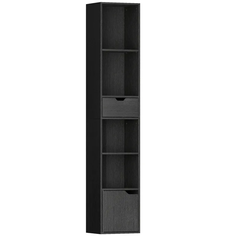 HOMCOM Bibliotecă cu 4 Rafturi Deschise, Dulap și Sertar, 30x24x158 cm, Negru